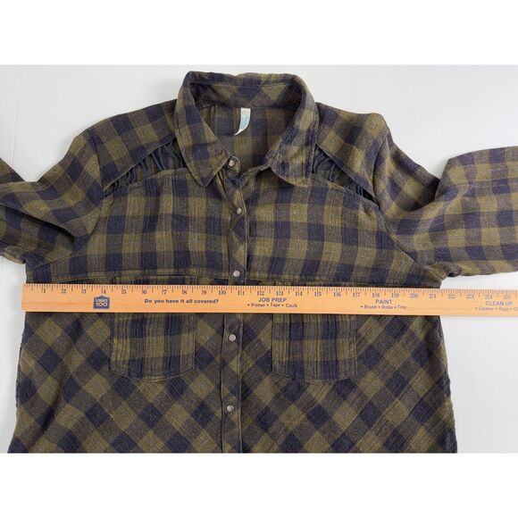 Free People Women's Snap Button Up Shirt Long Sleeve Green Blue Plaid Size M - Picture 6 of 11